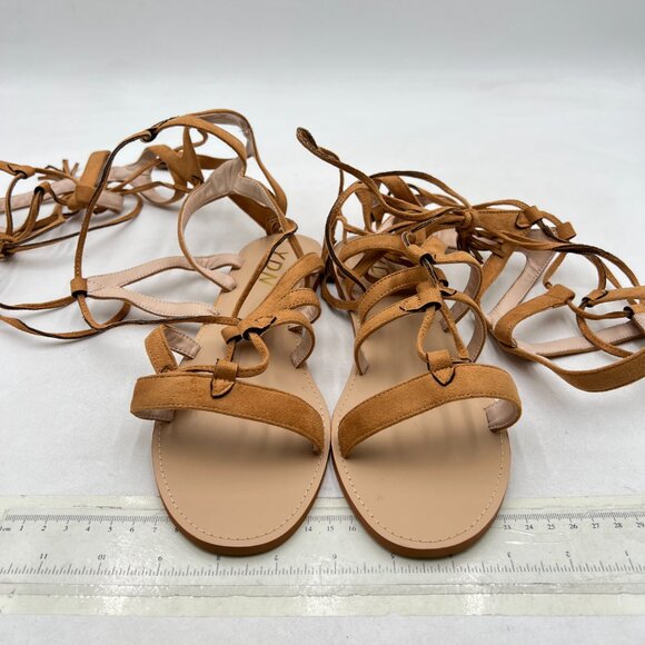 YDN Tan Sexy Knee High Lace up Flats Fringe Low Heel Gladiator Strap Sandals - Picture 3 of 8